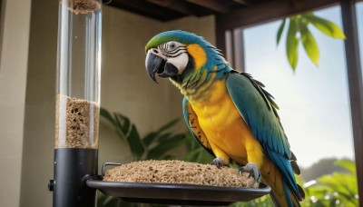 HQ,solo,closed mouth,standing,food,day,indoors,blurry,black eyes,no humans,window,blurry background,bird,animal,table,feathers,plant,realistic,animal focus,talons,beak