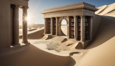 outdoors,sky,day,cloud,blue sky,no humans,shadow,sunlight,building,scenery,lens flare,mountain,sand,sun,road,pillar,sunrise,desert,column,book,light rays,rock,bookshelf,landscape,library