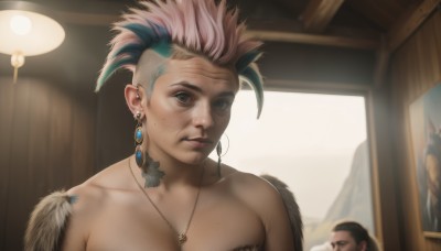 1girl,looking at viewer,short hair,black hair,1boy,brown eyes,jewelry,closed mouth,blue hair,collarbone,upper body,pink hair,male focus,multicolored hair,earrings,multiple boys,solo focus,indoors,necklace,mole,blurry,black eyes,two-tone hair,lips,streaked hair,tattoo,piercing,feathers,ear piercing,freckles,realistic,nose,solo,bare shoulders,hoop earrings,mohawk