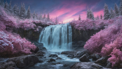 outdoors, sky, water, tree, no humans, night, cherry blossoms, star (sky), nature, night sky, scenery, forest, starry sky, rock, river, waterfall