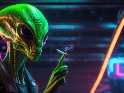 solo,1boy,holding,upper body,male focus,blurry,colored skin,smoke,science fiction,monster,cigarette,realistic,smoking,green skin,alien,holding cigarette,cyberpunk,purple eyes,weapon,no humans,blurry background,index finger raised,neon lights,yellow skin