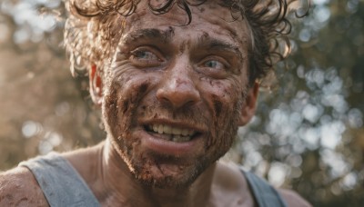 solo,looking at viewer,smile,open mouth,blue eyes,brown hair,1boy,male focus,teeth,grin,blurry,depth of field,blurry background,facial hair,tank top,messy hair,portrait,beard,realistic,mustache,old,dirty,afro,shirt,lips,grey eyes,curly hair,bokeh