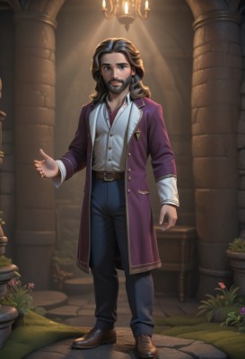 solo,long hair,looking at viewer,blue eyes,brown hair,shirt,black hair,long sleeves,1boy,standing,jacket,full body,white shirt,flower,male focus,open clothes,shoes,collared shirt,belt,pants,indoors,vest,coat,buttons,facial hair,brown footwear,black pants,plant,beard,open coat,belt buckle,mustache,blue pants,brown belt,purple jacket,smile,jewelry,outdoors,artist name,lips,dress shirt,watermark,formal,grass,lantern,light,lamp,pillar,spotlight,alley,column