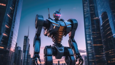 solo,standing,sky,pink eyes,no humans,glowing,robot,building,mecha,glowing eyes,science fiction,city,cityscape,glowing eye,skyscraper,open hands,red eyes,outdoors,night,open hand,skyline