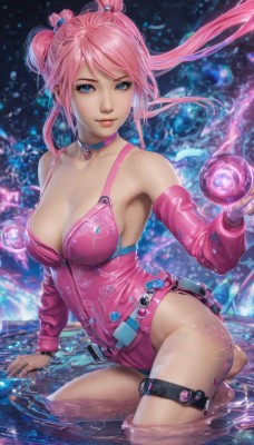 1girl,solo,long hair,breasts,looking at viewer,smile,bangs,blue eyes,large breasts,cleavage,bare shoulders,twintails,jewelry,medium breasts,collarbone,pink hair,detached sleeves,barefoot,choker,belt,artist name,water,leotard,lips,kneeling,thigh strap,watermark,zipper,partially submerged,realistic,pink leotard,pink one-piece swimsuit,gloves,sitting,closed mouth,thighs,shiny,signature,armpits,nail polish,shiny skin,tattoo,skindentation,hair rings,pink choker,leg tattoo