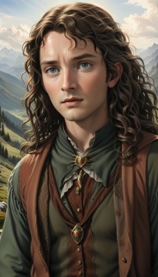 1girl,solo,long hair,looking at viewer,blue eyes,brown hair,shirt,jewelry,closed mouth,upper body,outdoors,sky,day,cloud,necklace,vest,blue sky,lips,wavy hair,cloudy sky,brooch,freckles,curly hair,mountain,realistic,nose,green shirt,mountainous horizon,tree,watermark,sunlight