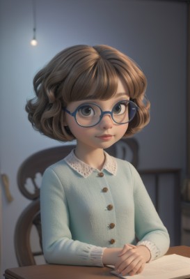 1girl,solo,looking at viewer,short hair,bangs,brown hair,shirt,long sleeves,brown eyes,sitting,closed mouth,upper body,glasses,collared shirt,indoors,blurry,lips,book,buttons,depth of field,blurry background,chair,table,own hands together,blue shirt,child,desk,curly hair,open book,realistic,lamp,pencil,blue-framed eyewear,smile,green eyes,striped,striped shirt,nose