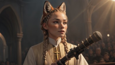 1girl,solo,long hair,blue eyes,brown hair,shirt,holding,animal ears,jewelry,white shirt,upper body,braid,earrings,solo focus,cat ears,blurry,twin braids,lips,animal ear fluff,blurry background,looking away,sunlight,microphone,freckles,light rays,realistic,crowd,brown eyes,closed mouth,weapon,holding weapon,mole,gun,looking to the side,dog ears,holding gun,extra ears,forehead,robe,nose,stud earrings,light,sunbeam,spotlight