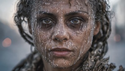 1girl,solo,long hair,looking at viewer,brown hair,black hair,brown eyes,closed mouth,braid,dark skin,water,blurry,twin braids,dark-skinned female,lips,wet,depth of field,blurry background,portrait,close-up,freckles,realistic,nose,wet hair,eyelashes