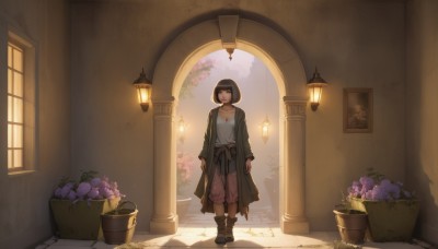 1girl,solo,looking at viewer,smile,short hair,bangs,shirt,black hair,red eyes,long sleeves,brown eyes,jewelry,closed mouth,standing,collarbone,jacket,full body,white shirt,flower,boots,open clothes,choker,day,pants,indoors,blunt bangs,black footwear,lips,coat,window,brown footwear,floral print,sunlight,bob cut,plant,backlighting,walking,open coat,lantern,door,purple flower,arms at sides,ankle boots,potted plant,wide shot,long coat,painting (object),flower pot,breasts,shorts,belt,hood,black eyes,shadow,pink flower,hood up,lamp,wall,hydrangea,vase