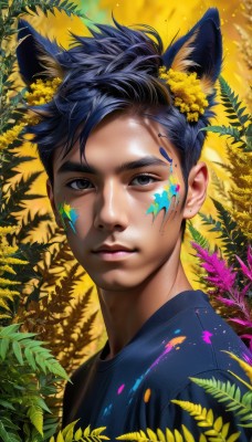 solo,looking at viewer,smile,short hair,shirt,black hair,hair ornament,1boy,animal ears,brown eyes,jewelry,closed mouth,blue hair,upper body,flower,male focus,earrings,outdoors,cat ears,hair flower,black eyes,lips,grey eyes,leaf,facial mark,thick eyebrows,blue shirt,plant,portrait,extra ears,kemonomimi mode,realistic,yellow flower,nose,facepaint,cat boy,paint splatter,paint,paint splatter on face,artist name,wolf ears,dirty,splatter