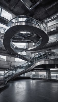 monochrome,greyscale,indoors,no humans,window,building,scenery,reflection,science fiction,railing,bridge,reflective floor,water,tiles,tile floor,ceiling,grey theme