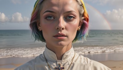 1girl,solo,looking at viewer,short hair,blue eyes,jewelry,multicolored hair,hairband,earrings,outdoors,parted lips,sky,day,cloud,water,necklace,blurry,two-tone hair,blue sky,lips,grey eyes,blurry background,ocean,beach,piercing,sunlight,cross,portrait,freckles,realistic,nose,sand,nun,cross necklace,blonde hair,pink hair,teeth,makeup,cloudy sky,rainbow