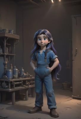 1girl,solo,long hair,looking at viewer,smile,blue eyes,shirt,black hair,very long hair,closed mouth,standing,full body,short sleeves,shoes,collared shirt,artist name,indoors,black footwear,black eyes,thick eyebrows,blue shirt,child,freckles,hands in pockets,female child,light,overalls,open mouth,parted lips,lips,shadow,table,nose