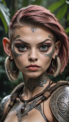 1girl,solo,breasts,looking at viewer,short hair,brown hair,cleavage,jewelry,closed mouth,green eyes,upper body,pink hair,earrings,artist name,necklace,armor,blurry,lips,grey eyes,eyelashes,tattoo,makeup,blurry background,facial mark,piercing,shoulder armor,portrait,close-up,forehead,pauldrons,realistic,nose,eyeliner,facepaint,facial tattoo,mascara,tribal,medium breasts,pointy ears,leaf,lipstick,hoop earrings