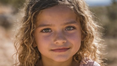 1girl,solo,long hair,looking at viewer,smile,blonde hair,brown hair,brown eyes,closed mouth,green eyes,outdoors,day,blurry,lips,depth of field,blurry background,wavy hair,messy hair,portrait,close-up,curly hair,realistic,nose,eyelashes,sunlight,freckles