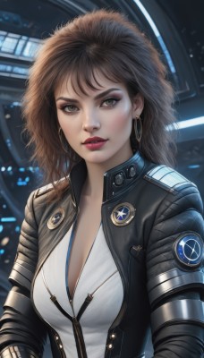 1girl,solo,long hair,breasts,looking at viewer,brown hair,shirt,cleavage,brown eyes,jewelry,medium breasts,jacket,white shirt,upper body,earrings,parted lips,open clothes,open jacket,lips,black jacket,bodysuit,makeup,lipstick,messy hair,zipper,freckles,science fiction,hoop earrings,realistic,nose,unzipped,red lips,leather,bangs,artist name,signature,eyelashes,eyeshadow,curly hair,emblem,badge