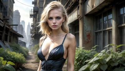 HQ,1girl,solo,breasts,looking at viewer,short hair,blue eyes,blonde hair,cleavage,bare shoulders,jewelry,medium breasts,collarbone,upper body,earrings,outdoors,parted lips,day,lips,makeup,leaf,sunlight,plant,building,scenery,city,realistic,nose,power lines,large breasts,dress,sleeveless,medium hair,black dress,window,no bra,sleeveless dress,lipstick,wind,messy hair,dirty