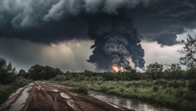 outdoors,sky,day,cloud,water,tree,no humans,cloudy sky,grass,fire,nature,scenery,forest,smoke,road,river,landscape,burning,mountain