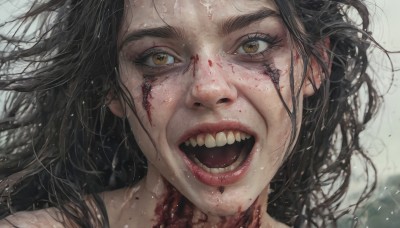 1girl,solo,long hair,looking at viewer,open mouth,black hair,brown eyes,teeth,blurry,lips,wet,eyelashes,blood,portrait,close-up,blood on face,realistic,nose,bangs,yellow eyes,tongue,floating hair,messy hair,veins,horror (theme)