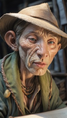 1girl,solo,looking at viewer,blue eyes,1boy,hat,jewelry,closed mouth,upper body,grey hair,male focus,necklace,blurry,lips,grey eyes,book,blurry background,portrait,realistic,nose,brown headwear,straw hat,old,old man,old woman,black hair,holding,black eyes,wrinkled skin