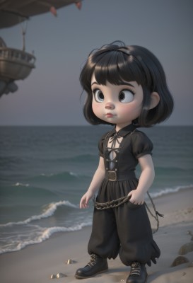 1girl,solo,short hair,bangs,blue eyes,shirt,black hair,dress,brown eyes,closed mouth,standing,full body,short sleeves,hairband,boots,outdoors,sky,shoes,puffy sleeves,belt,pants,artist name,signature,medium hair,water,black footwear,blurry,black eyes,black dress,puffy short sleeves,lips,black shirt,black ribbon,blurry background,chain,ocean,heterochromia,beach,black pants,bob cut,child,cross-laced footwear,sand,female child,crab,blush,black belt,aircraft,ship,shore