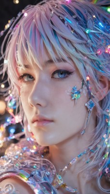 1girl,solo,looking at viewer,short hair,bangs,blue eyes,jewelry,closed mouth,blue hair,multicolored hair,earrings,artist name,signature,necklace,blurry,lips,grey eyes,eyelashes,depth of field,watermark,gem,portrait,web address,close-up,realistic,nose,white hair,bokeh