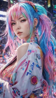 1girl,solo,long hair,breasts,looking at viewer,bangs,large breasts,hair ornament,bare shoulders,brown eyes,jewelry,medium breasts,blue hair,upper body,ponytail,pink hair,multicolored hair,earrings,outdoors,parted lips,choker,off shoulder,mole,blurry,from side,two-tone hair,lips,eyelashes,mole under eye,gradient hair,makeup,blurry background,realistic,nose,mascara,long sleeves,cleavage,twintails,very long hair,green eyes,sidelocks,japanese clothes,artist name,kimono,nail polish,bra,streaked hair,looking to the side,grey eyes,clothing cutout,night,watermark,piercing,ring,ear piercing,web address,eyeshadow,freckles,pink lips,eyeliner,shoulder cutout