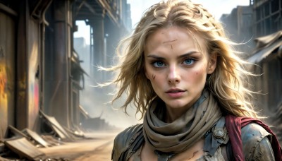 HQ,1girl,solo,long hair,looking at viewer,blue eyes,blonde hair,upper body,outdoors,parted lips,teeth,day,scarf,armor,mole,blurry,lips,blurry background,scar,wind,building,messy hair,portrait,forehead,freckles,injury,city,realistic,nose,ruins,dirty,dirty face,short hair,open mouth,sky,torn clothes,depth of field,sunlight,backlighting,science fiction,damaged