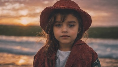 1girl,solo,long hair,looking at viewer,brown hair,shirt,hat,closed mouth,jacket,white shirt,upper body,outdoors,sky,cloud,water,blurry,lips,grey eyes,depth of field,blurry background,ocean,beach,portrait,red headwear,freckles,sunset,realistic,bangs,black hair,brown eyes,black eyes,expressionless,cloudy sky,sun hat,straw hat