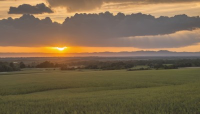 outdoors,sky,cloud,tree,no humans,sunlight,cloudy sky,grass,nature,scenery,forest,sunset,mountain,sun,horizon,field,river,landscape,mountainous horizon,orange sky,hill