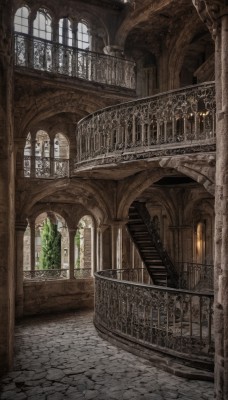 indoors,tree,dutch angle,no humans,window,building,scenery,stairs,railing,candle,architecture,bridge,pillar,church,arch,column,day,plant,fantasy,door,gate,chandelier,stone floor