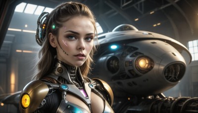 HQ,1girl,solo,long hair,breasts,looking at viewer,blue eyes,brown hair,cleavage,upper body,parted lips,indoors,lips,clothing cutout,bodysuit,headgear,cleavage cutout,robot,forehead,headset,science fiction,realistic,aircraft,nose,spacecraft,medium breasts,window,makeup,facial mark,between breasts,backlighting,dirty,hair pulled back,cyberpunk,dirty face,earpiece