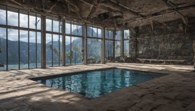 outdoors,sky,day,cloud,indoors,water,tree,blue sky,no humans,window,ocean,sunlight,cloudy sky,plant,building,scenery,reflection,mountain,watercraft,ruins,signature,landscape,lake,overgrown,broken window