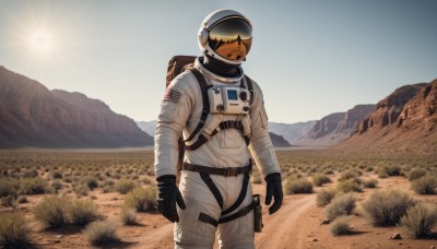 solo,gloves,1boy,standing,male focus,cowboy shot,outdoors,sky,day,black gloves,bag,blurry,backpack,helmet,scenery,1other,science fiction,mountain,pilot suit,mountainous horizon,ambiguous gender,spacesuit,desert,space helmet,astronaut,sun,holster,planet,american flag,japanese flag,united states