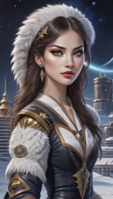 1girl,solo,long hair,breasts,looking at viewer,brown hair,hair ornament,brown eyes,jewelry,upper body,earrings,outdoors,parted lips,sky,artist name,necklace,star (symbol),lips,fur trim,eyelashes,makeup,night,moon,lipstick,gem,star (sky),night sky,snow,starry sky,snowing,nose,red lips,bangs,dress,hood,pendant,eyeshadow,freckles,realistic,winter