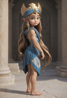 1girl,solo,long hair,looking at viewer,smile,skirt,blonde hair,brown hair,dress,brown eyes,very long hair,closed mouth,standing,full body,barefoot,sleeveless,pointy ears,looking back,indoors,feet,from side,lips,blue skirt,toes,blue dress,child,headdress,pillar,yellow eyes,aged down,realistic,nose,dirty,column