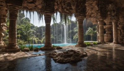 outdoors,sky,day,water,tree,no humans,sunlight,grass,plant,nature,scenery,forest,light rays,rock,ruins,pillar,waterfall,arch,moss,overgrown,column,statue