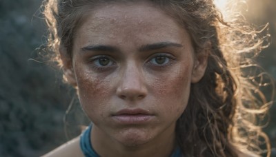 1girl,solo,long hair,looking at viewer,brown hair,1boy,brown eyes,closed mouth,dark skin,blurry,dark-skinned female,lips,depth of field,blurry background,thick eyebrows,messy hair,portrait,close-up,freckles,curly hair,realistic,nose,straight-on,dirty,male focus,floating hair,backlighting,dirty face