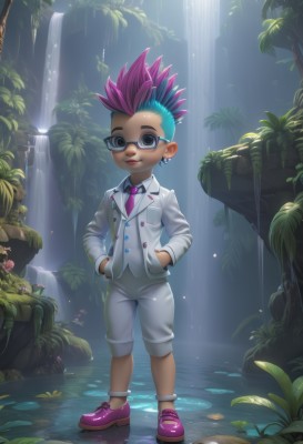 solo,looking at viewer,smile,1boy,jewelry,blue hair,standing,full body,pink hair,male focus,multicolored hair,earrings,necktie,shoes,glasses,water,vest,two-tone hair,tree,lips,buttons,formal,suit,plant,spiked hair,personification,hands in pockets,waterfall,pink necktie,tuxedo,mohawk,1girl,short hair,blue eyes,flower,artist name,leaf,aged down,undercut,lily pad,nose piercing