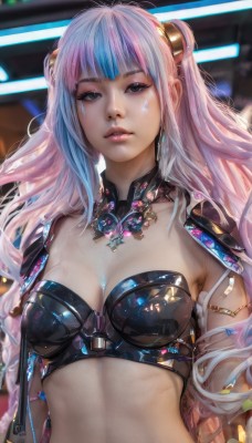 1girl,solo,long hair,breasts,looking at viewer,bangs,hair ornament,navel,cleavage,twintails,brown eyes,medium breasts,closed mouth,blue hair,upper body,pink hair,multicolored hair,parted lips,midriff,blunt bangs,armor,blurry,black eyes,two-tone hair,lips,detached collar,realistic,nose,jewelry,shiny,grey eyes,eyelashes,makeup,watermark,web address,shiny clothes,bustier