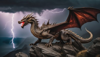 solo,open mouth,red eyes,tail,outdoors,wings,horns,sky,teeth,cloud,water,no humans,glowing,ocean,fangs,cloudy sky,sharp teeth,glowing eyes,claws,monster,rock,mountain,dragon,electricity,scales,lightning,kaijuu,multiple heads,rain