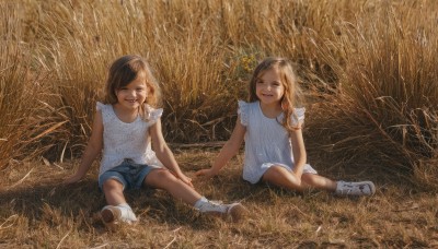 long hair,looking at viewer,smile,short hair,multiple girls,brown hair,shirt,dress,2girls,brown eyes,sitting,white shirt,boots,outdoors,one eye closed,shoes,shorts,sleeveless,socks,white dress,sleeveless dress,holding hands,siblings,arm support,white footwear,grass,sneakers,child,blue shorts,denim shorts,realistic,female child,on ground,open mouth,bangs,flower,:d,teeth,day,looking at another,short shorts,sleeveless shirt,aged down,denim,field,dirty