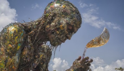 solo,1boy,upper body,outdoors,sky,day,cloud,from side,blue sky,no humans,profile,robot,science fiction,realistic,damaged,alien,food,cloudy sky,scenery,1other,dirty,gold,liquid,honey