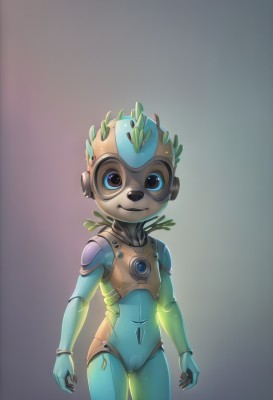 1girl,solo,looking at viewer,smile,blue eyes,simple background,1boy,navel,standing,male focus,cowboy shot,gradient,gradient background,no humans,glowing,leaf,helmet,robot,arms at sides,android,joints,robot joints,humanoid robot,animal ears,furry,furry male,male child