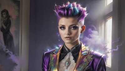 1girl,solo,looking at viewer,short hair,multiple girls,dress,2girls,jewelry,blue hair,purple eyes,jacket,upper body,purple hair,multicolored hair,earrings,parted lips,teeth,solo focus,indoors,two-tone hair,lips,eyelashes,window,sparkle,makeup,formal,suit,lipstick,brooch,gem,smoke,glint,realistic,nose,hair slicked back,pink hair,artist name,piercing,eyeshadow,undercut