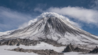 outdoors, sky, day, cloud, blue sky, no humans, cloudy sky, scenery, snow, mountain, landscape