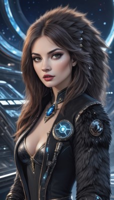 1girl,solo,long hair,breasts,looking at viewer,brown hair,cleavage,brown eyes,jewelry,medium breasts,jacket,upper body,small breasts,parted lips,open clothes,choker,necklace,mole,lips,fur trim,eyelashes,mole under eye,makeup,lipstick,gem,eyeshadow,freckles,science fiction,realistic,nose,red lips,black hair,artist name,bodysuit,forehead