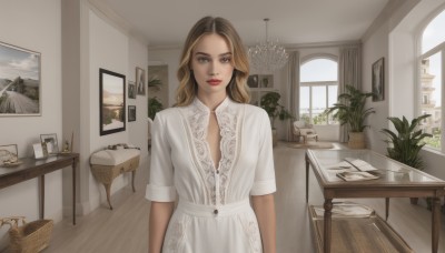 1girl,solo,long hair,breasts,looking at viewer,smile,blonde hair,brown hair,dress,closed mouth,standing,short sleeves,multicolored hair,day,indoors,white dress,two-tone hair,cup,lips,grey eyes,book,window,makeup,chair,table,plant,lipstick,scenery,wooden floor,realistic,arms at sides,basket,red lips,potted plant,lamp,photo (object),picture frame,painting (object),picture (object),rug,cabinet,brown eyes