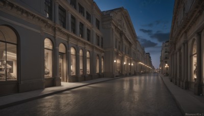 outdoors,sky,artist name,cloud,blue sky,no humans,window,night,shadow,watermark,ground vehicle,building,star (sky),night sky,scenery,starry sky,stairs,city,door,road,lamppost,street,cloudy sky,reflection,cityscape,arch,pavement,vanishing point